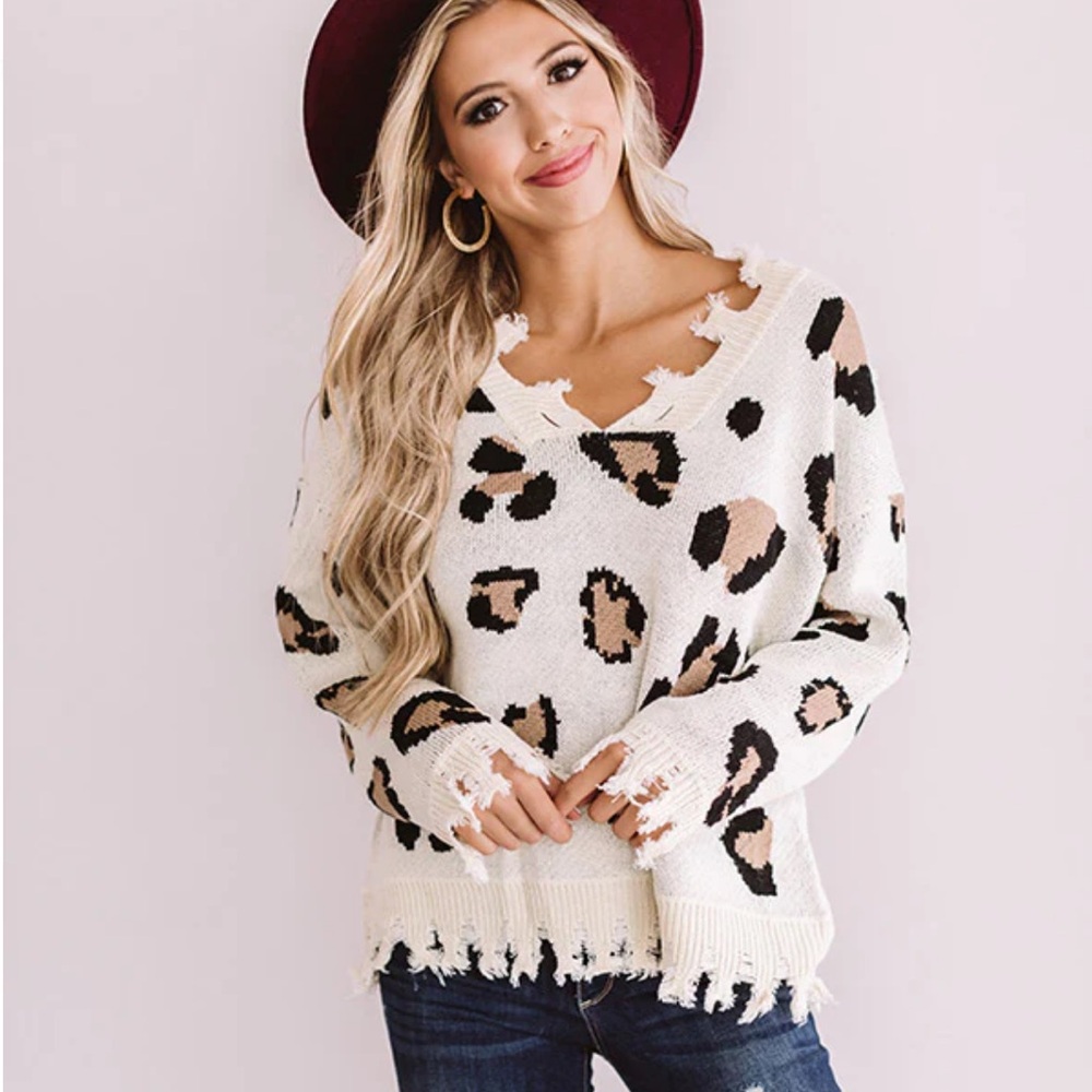 LALA FACTORY Let The Music Fray Leopard Sweater